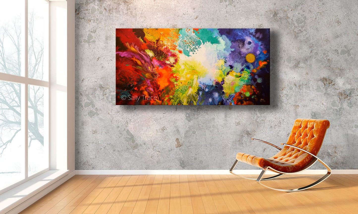 Harmonic Vibrations, fluid art giclee print for sale made from the original acrylic pour painting, room view, large abstract wall art for living room.