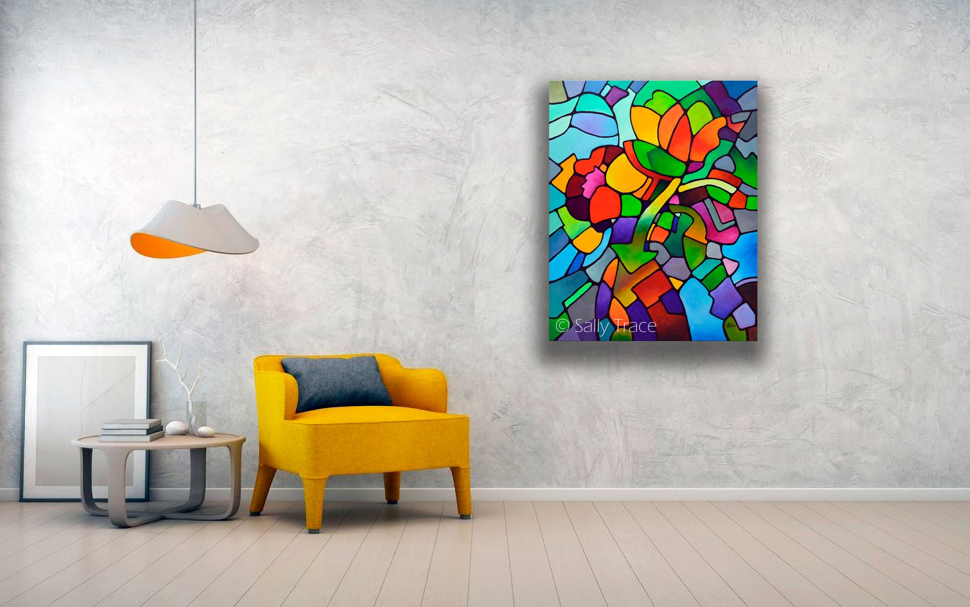 Modern colorful geometric art prints for sale by Sally Trace, room view