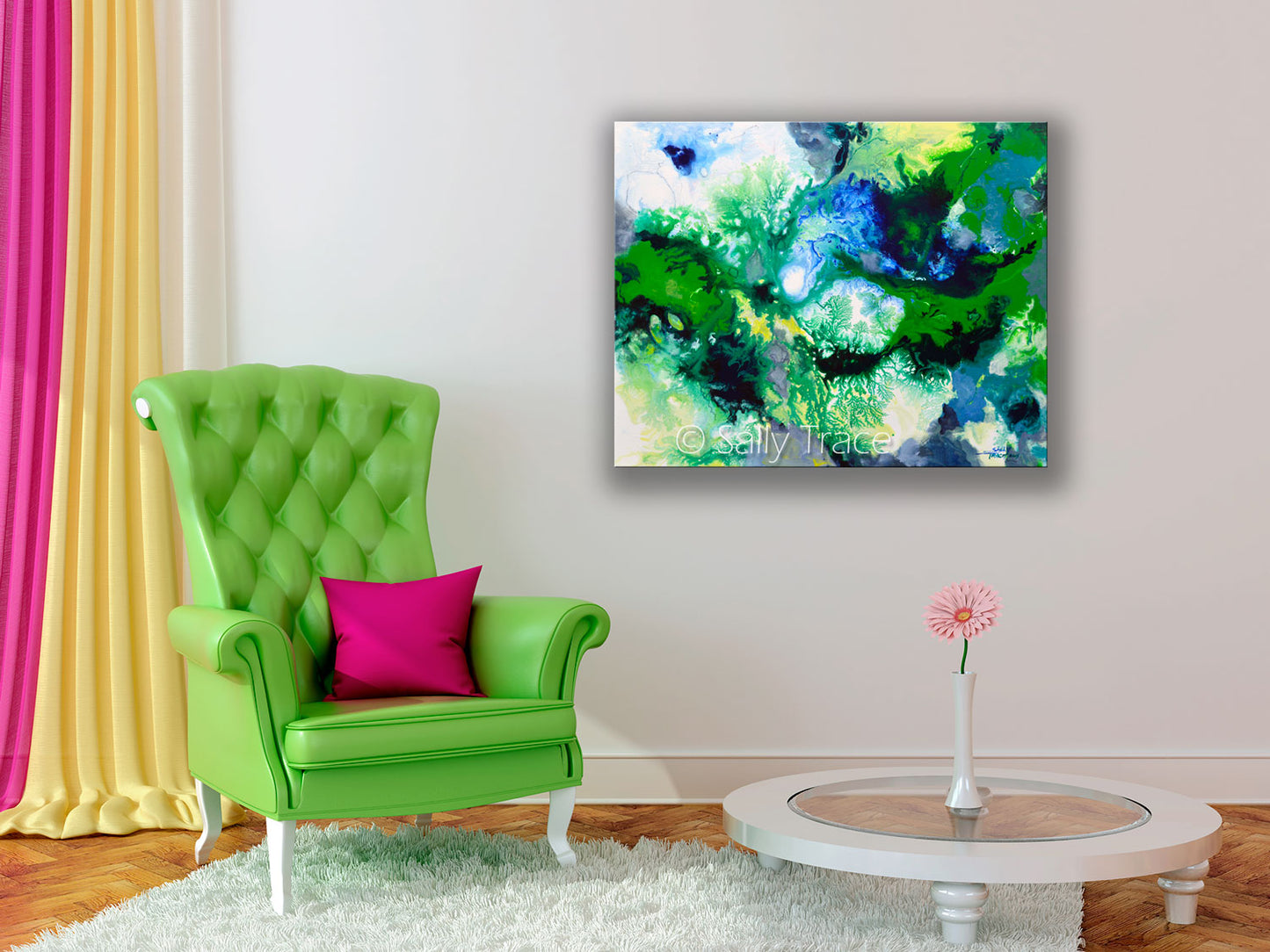 Giclee prints on cavnas from the origianl fluid art fine art painting by Sally Trace. Contemporary art for sale for the living roon, dining room, bedroom, room view