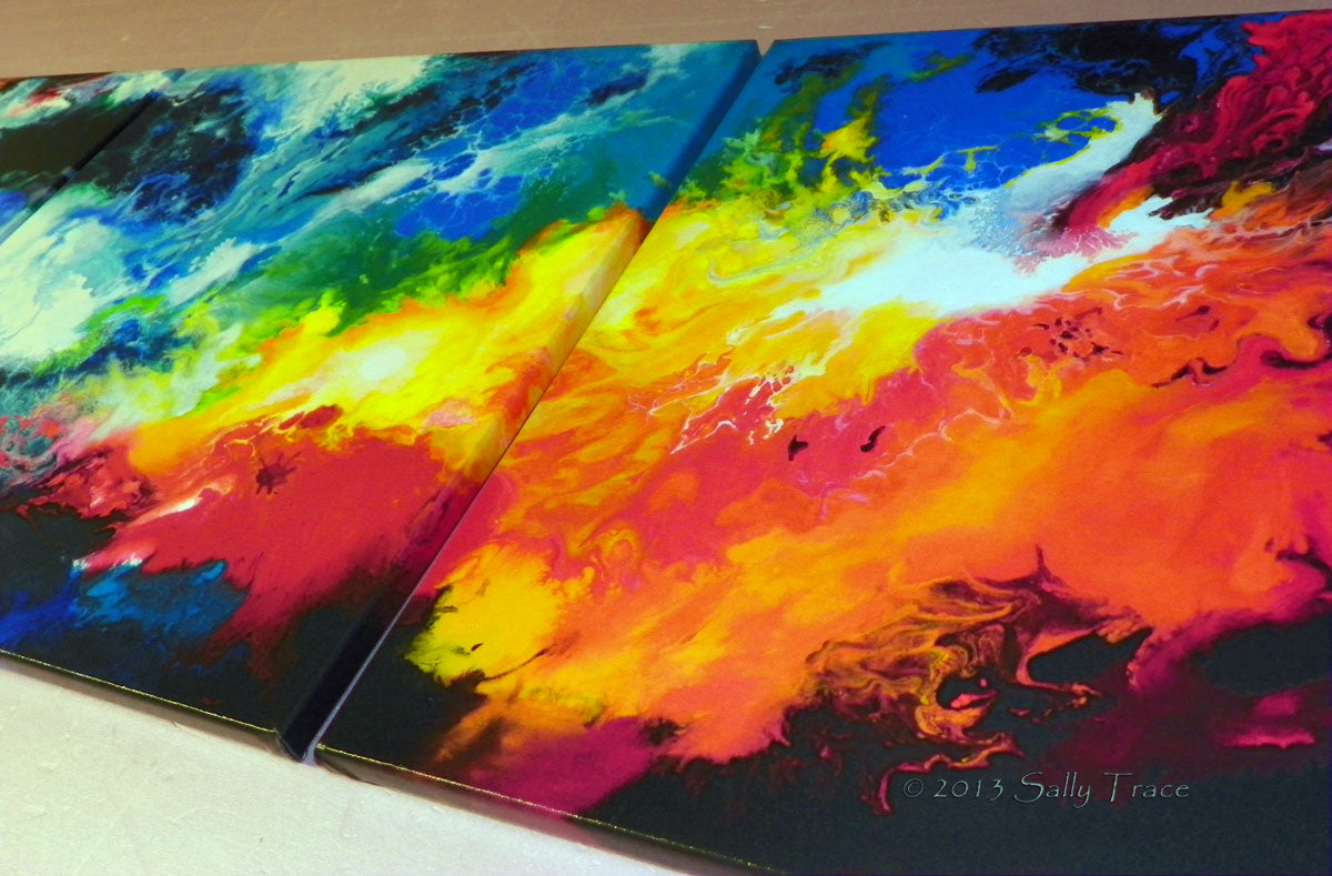 Modern fluid art painting print giclee triptych set for sale by Sally Trace