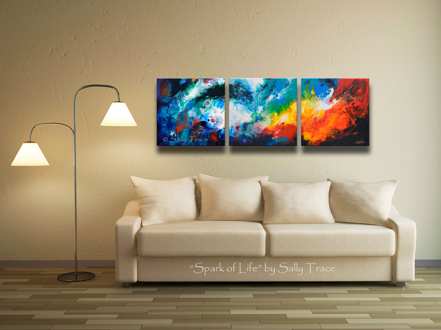 Modern fluid art painting print giclee triptych set for sale by Sally Trace