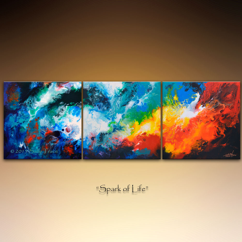 Modern fluid art painting print giclee triptych set for sale by Sally Trace