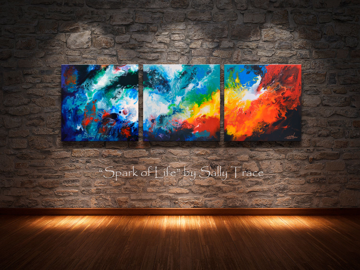 Modern fluid art painting print giclee triptych set for sale by Sally Trace