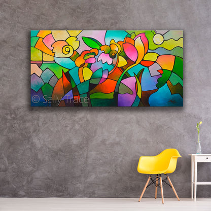 Modern contemporary geometric abstraction "Summer Day" original painting by Sally Trace, large abstract colorful abstract art