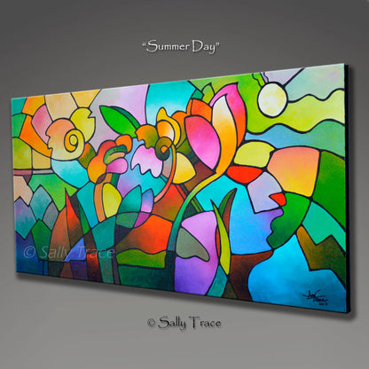 Modern contemporary geometric abstraction "Summer Day" original painting by Sally Trace, large abstract colorful abstract art