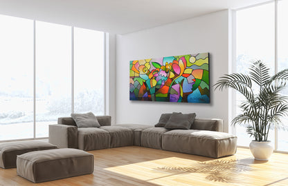 Modern contemporary geometric abstraction "Summer Day" original painting by Sally Trace, large abstract colorful abstract art