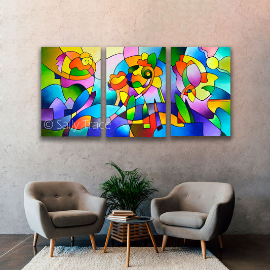 Original geometric triptych painting on canvas, room view "Summer Dream" by Sally Trace