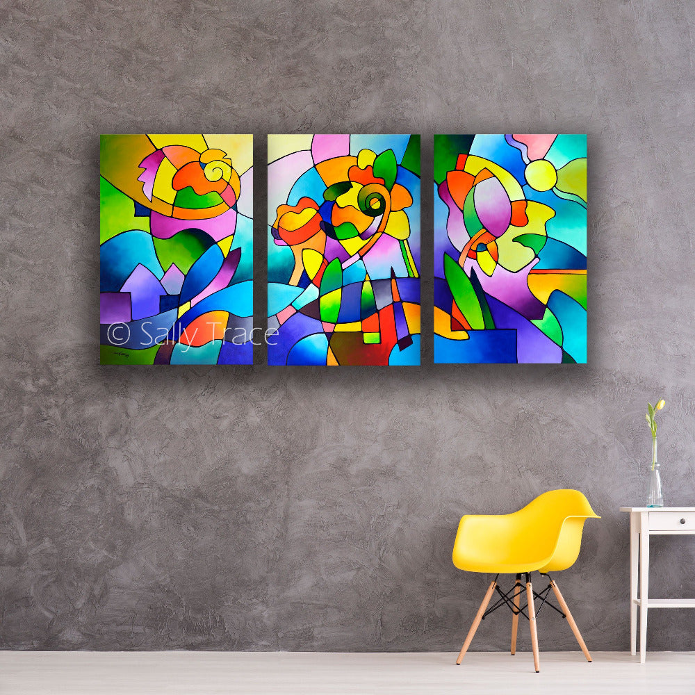 Original geometric triptych painting on canvas, room view "Summer Dream" by Sally Trace