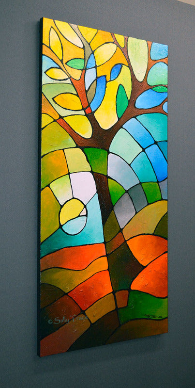 Summer Tree, a textured geometric abstract tree painting by Sally Trace, left view