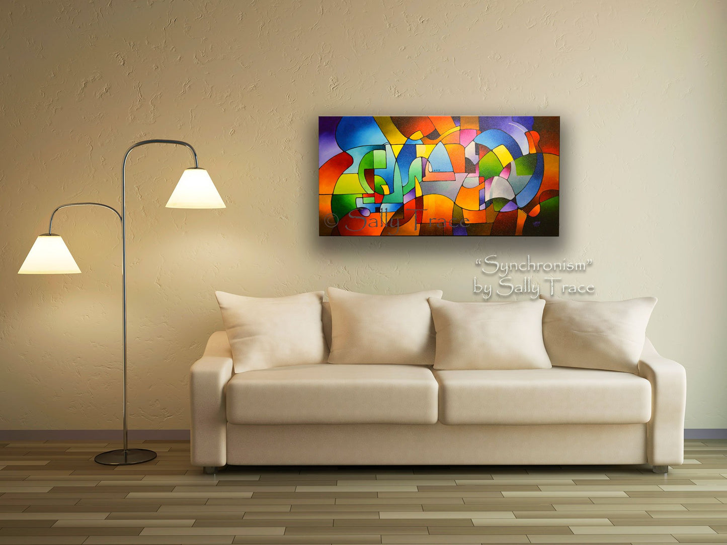 Synchronism, original geometric acrylic on canvas painting by Sally Trace, acrylic abstract painting for living room