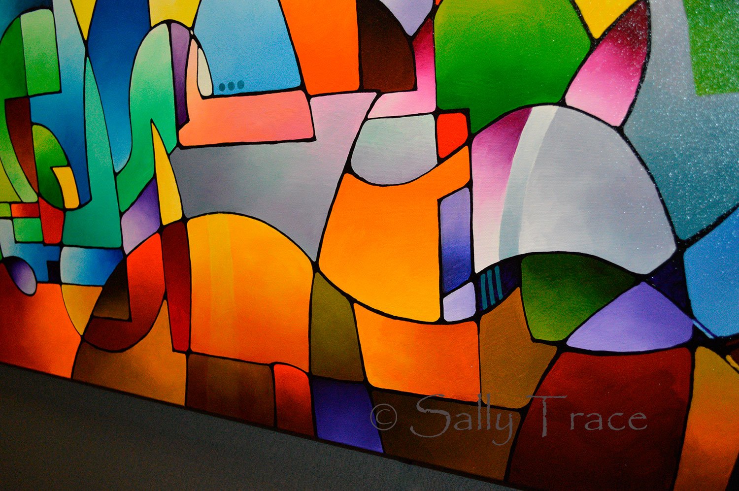 "Synchronism" is an original geometric acrylic on canvas painting by Sally Trace, this is a close up detail photo.