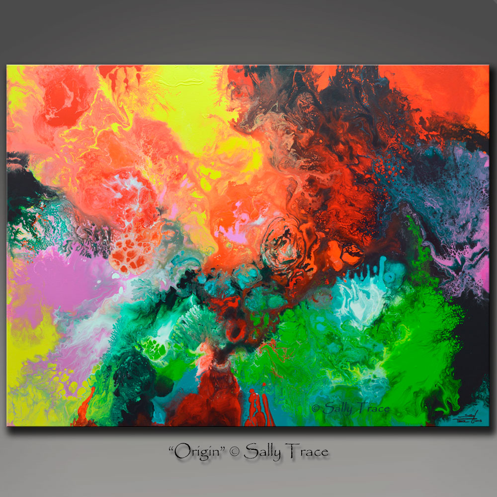 Modern art giclee print on stretched canvas from the original fluid art painting "Origin" by Sally Trace, contemporary art