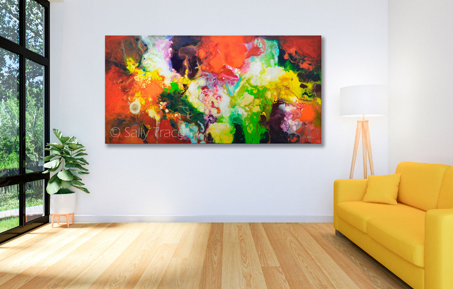 "The Fullness of Manifestations" fine art prints of an original abstract fluid painting by Sally Trace, a contemporary artwork for the home of office, decotr for your living room, dining room, colorful abstract art paintings, abstract art for sale by the artist, room view