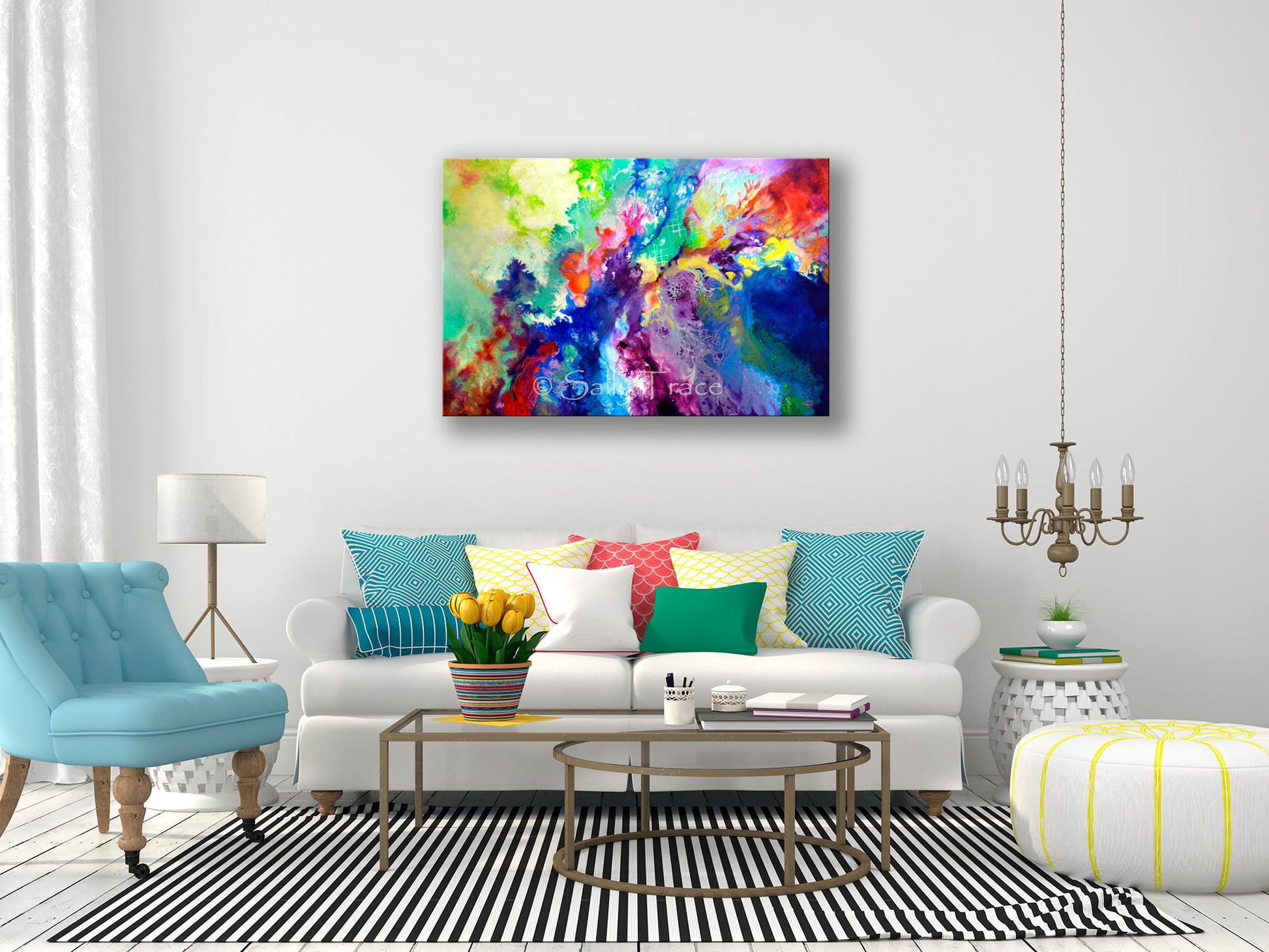 Fluid abstract paiting prints on canvas by Sally Trace "Touch Me Here", room view