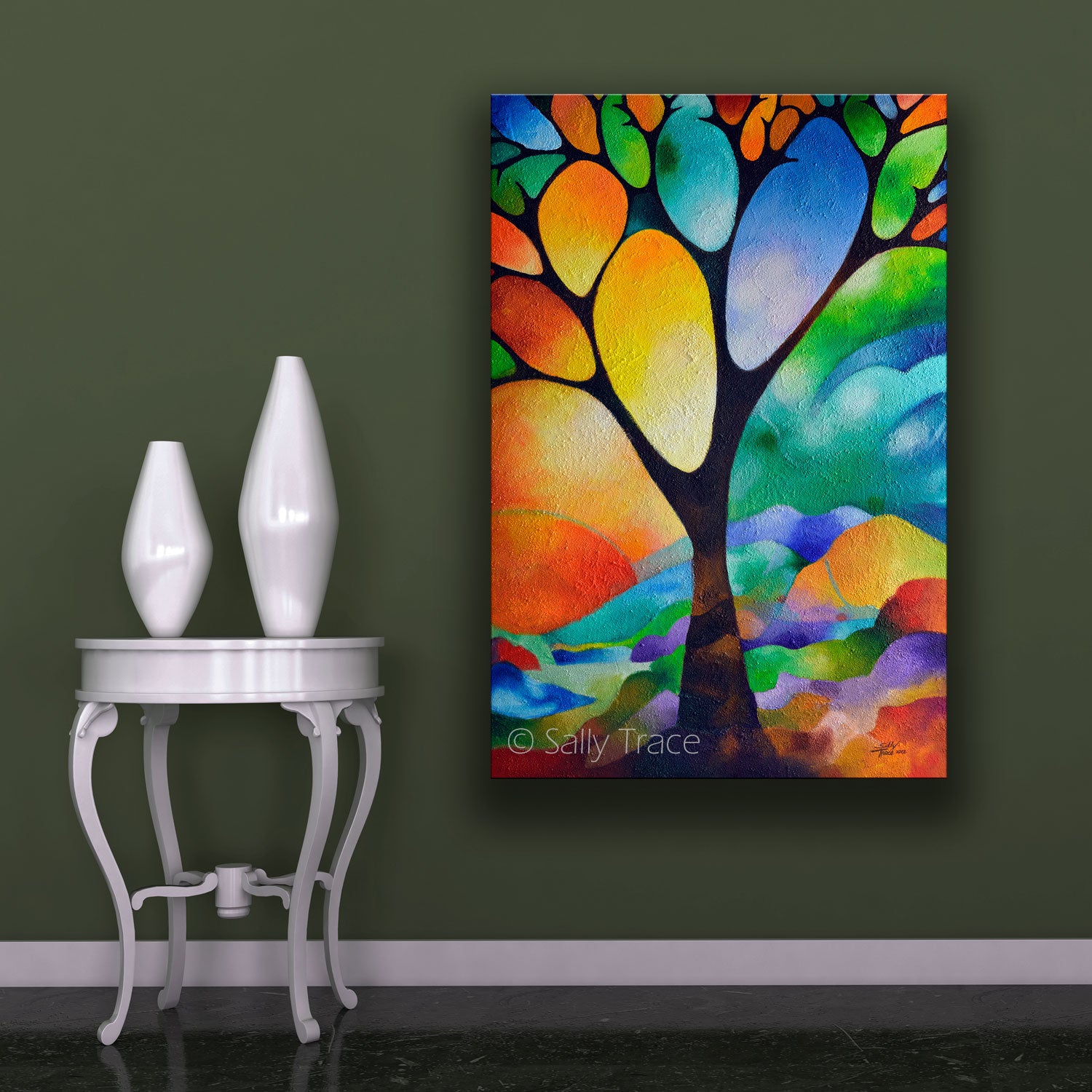 Abstract art geometric landscape "Tree of Joy" by Sally Trace giclee prints on canvas, living room view