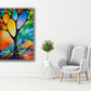 Abstract art geometric landscape "Tree of Joy" by Sally Trace giclee prints on canvas, living room view