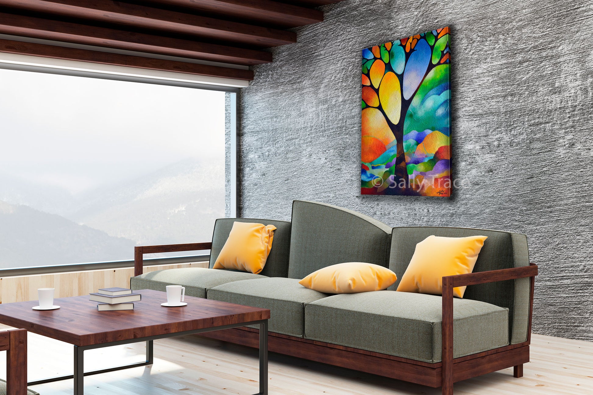 Abstract art geometric landscape "Tree of Joy" by Sally Trace giclee prints on canvas, living room view