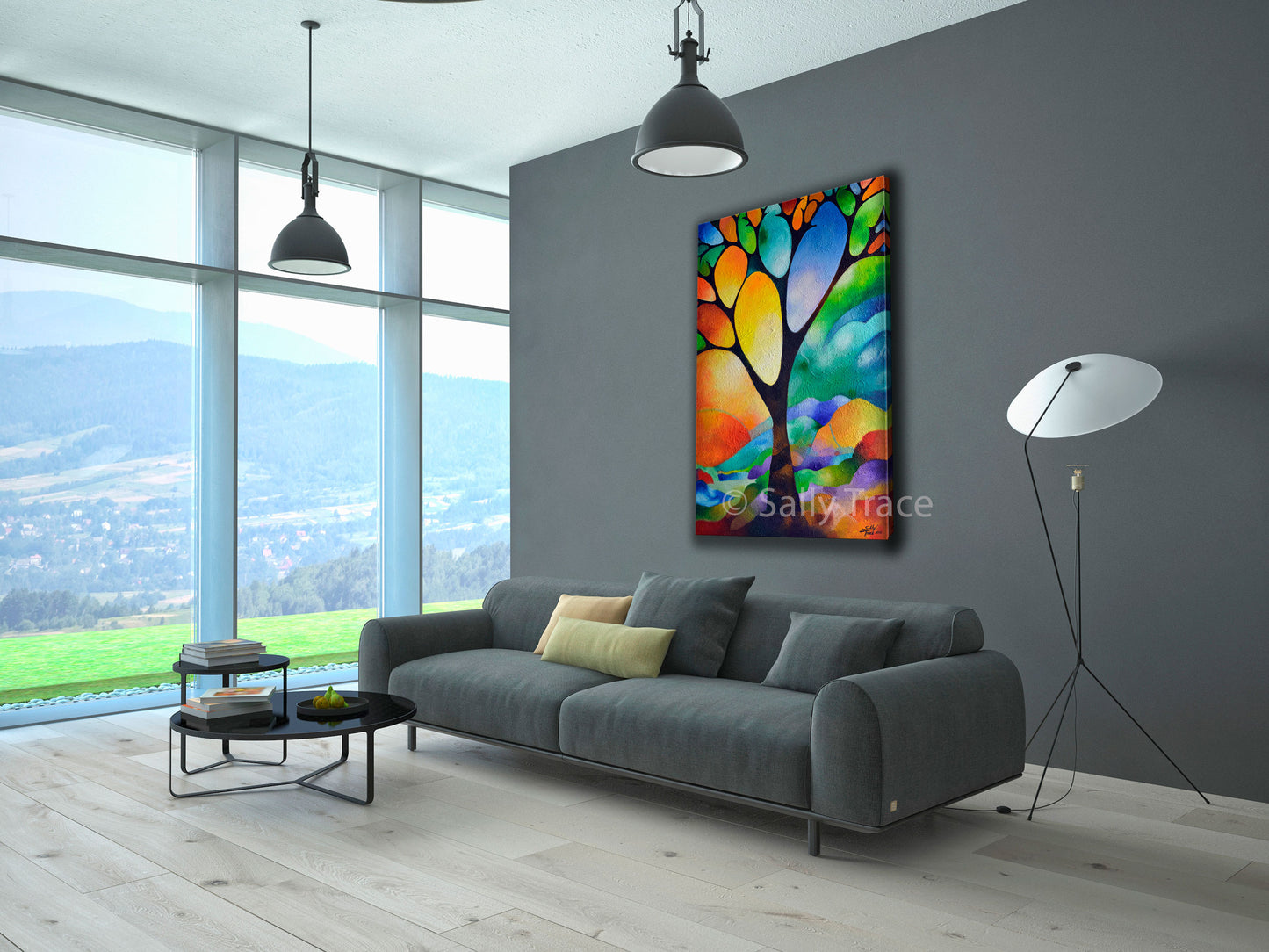 Abstract art geometric landscape "Tree of Joy" by Sally Trace giclee prints on canvas, living room view