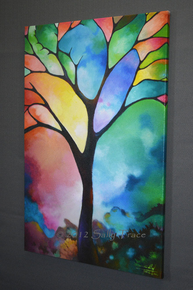 Tree of Light by Sally Trace. Abstract art prints tree of life painting on canvas, geometric art on canvas, right view