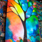 "Tree of Light".  Original painting is sold. A beautiful abstracted painting of a tree in a landscape with a stained glass appearance.  Geometric elements in the composition.  Heavily textured with texturizing mediums. 24x36 inches, 1.5 inch deep canvas, sides painted black, varnished, COA, wired.  © 2012 Sally trace, all rights reserved.