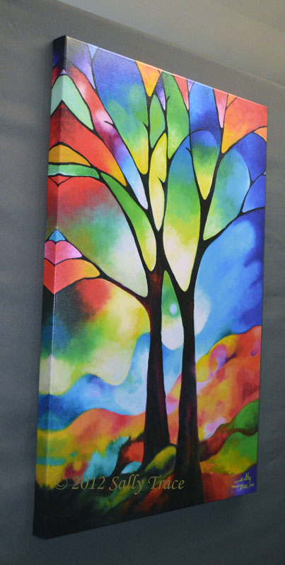 Two trees giclee prints by Sally Trace, from the original abstract painting, left view