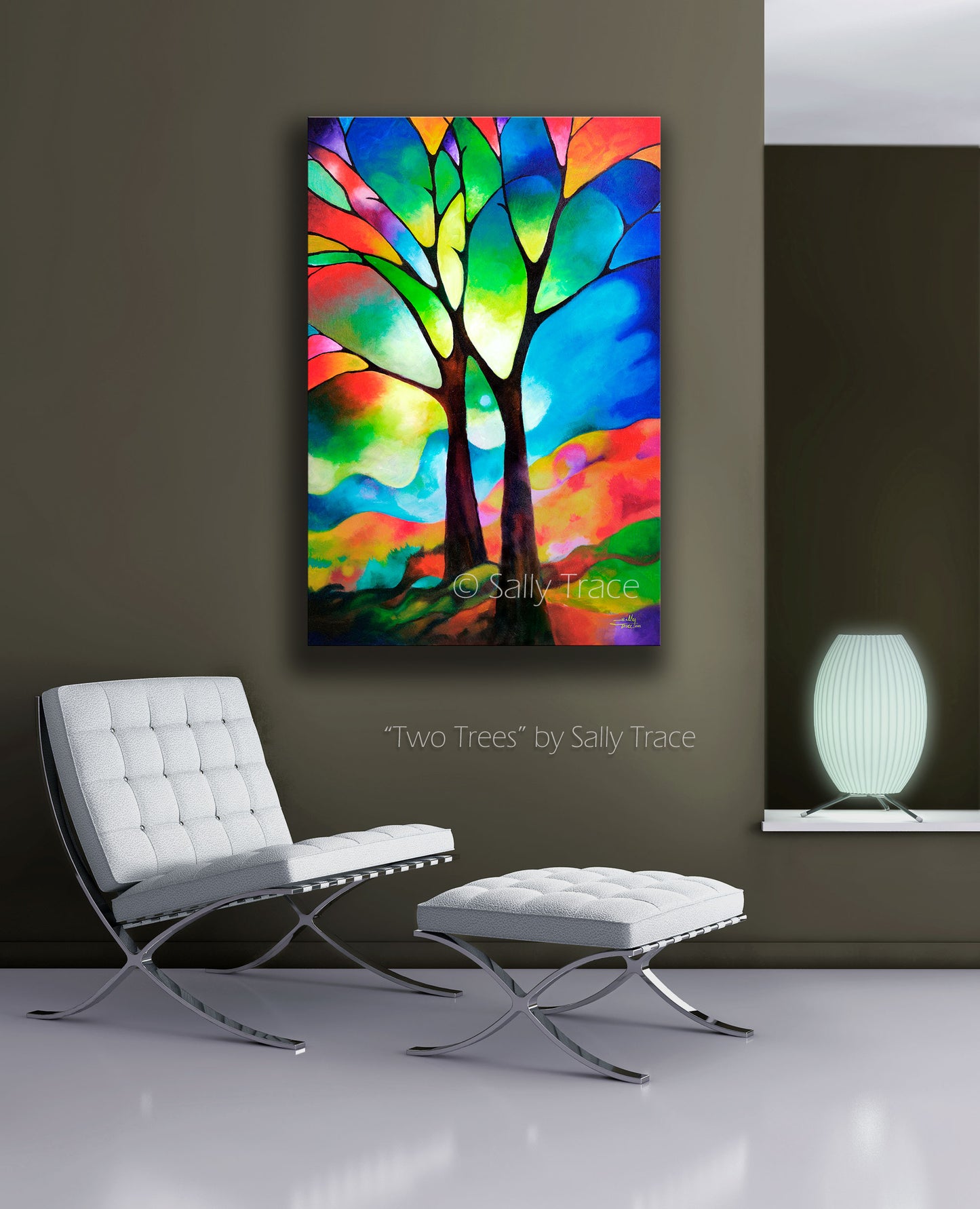 Two trees giclee prints by Sally Trace, from the original abstract painting, room view
