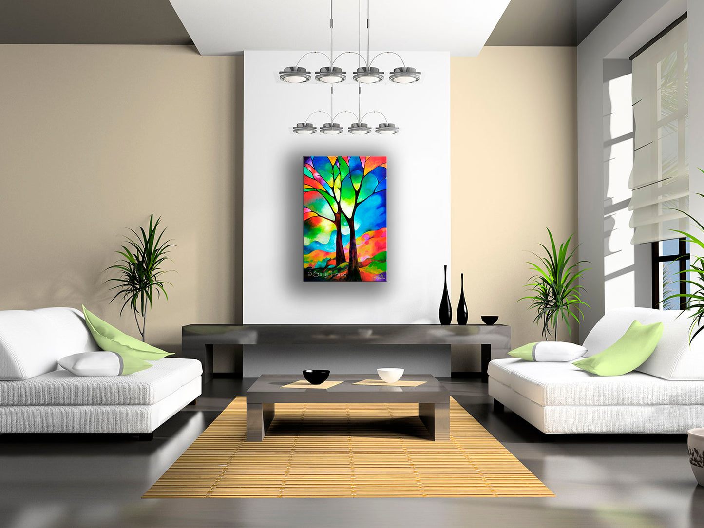 Two trees giclee prints by Sally Trace, from the original abstract painting, room view