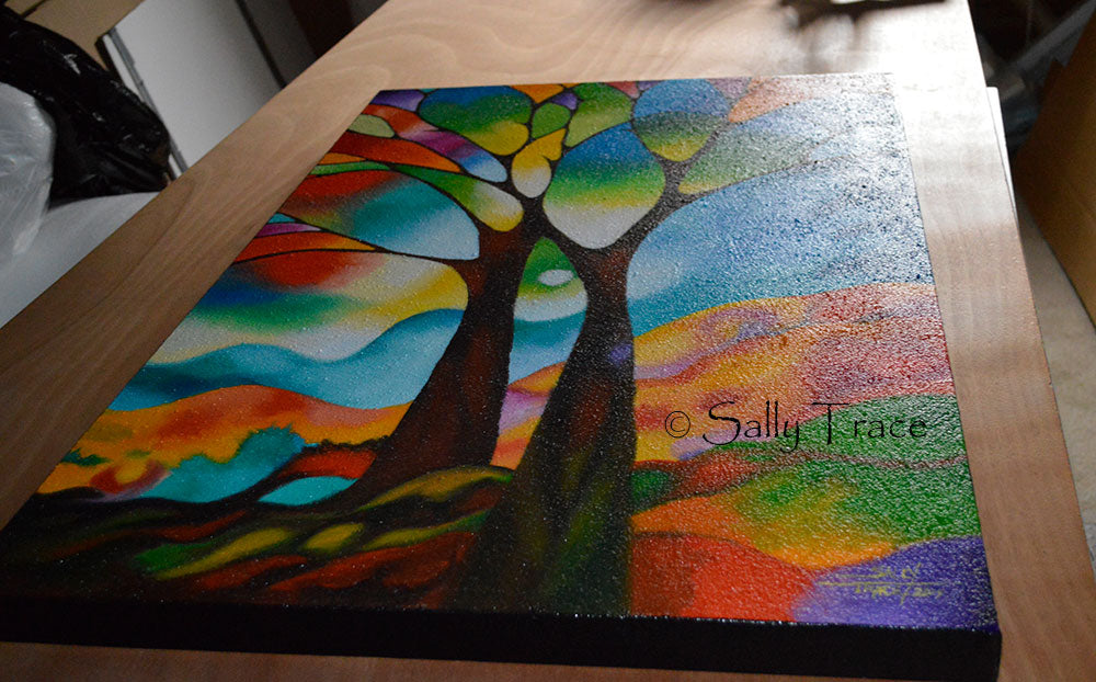 This is a photo of my painting getting prepared for shipment. Modern contemporary original paintings for sale, "Two Trees" by Sally Trace