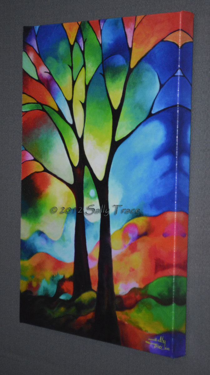 Two trees giclee prints by Sally Trace, from the original abstract painting, right view