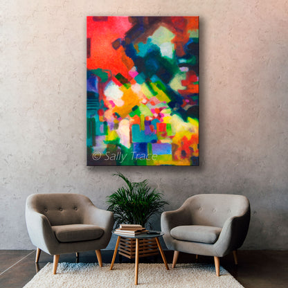 Giclee prints of an abstract Color Field painting by Sally Trace, room view