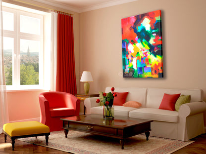 Giclee prints of an abstract Color Field painting by Sally Trace, room view