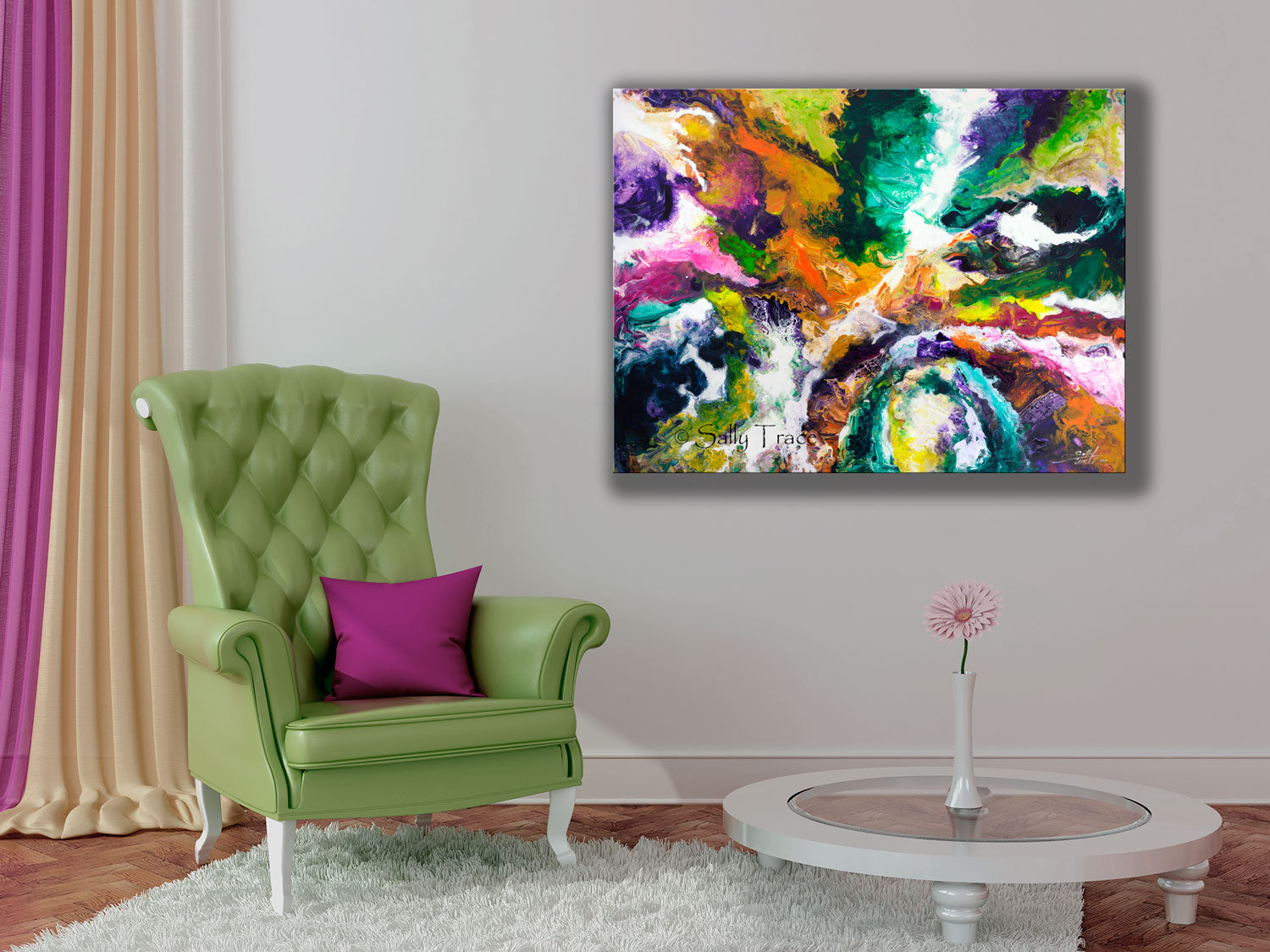 "Unseen Forces" fine art prints of an original abstract fluid painting by Sally Trace, a contemporary artwork for the home of office, decor for your living room, dining room, colorful abstract art paintings, abstract art for sale by the artist, pour painting, room view