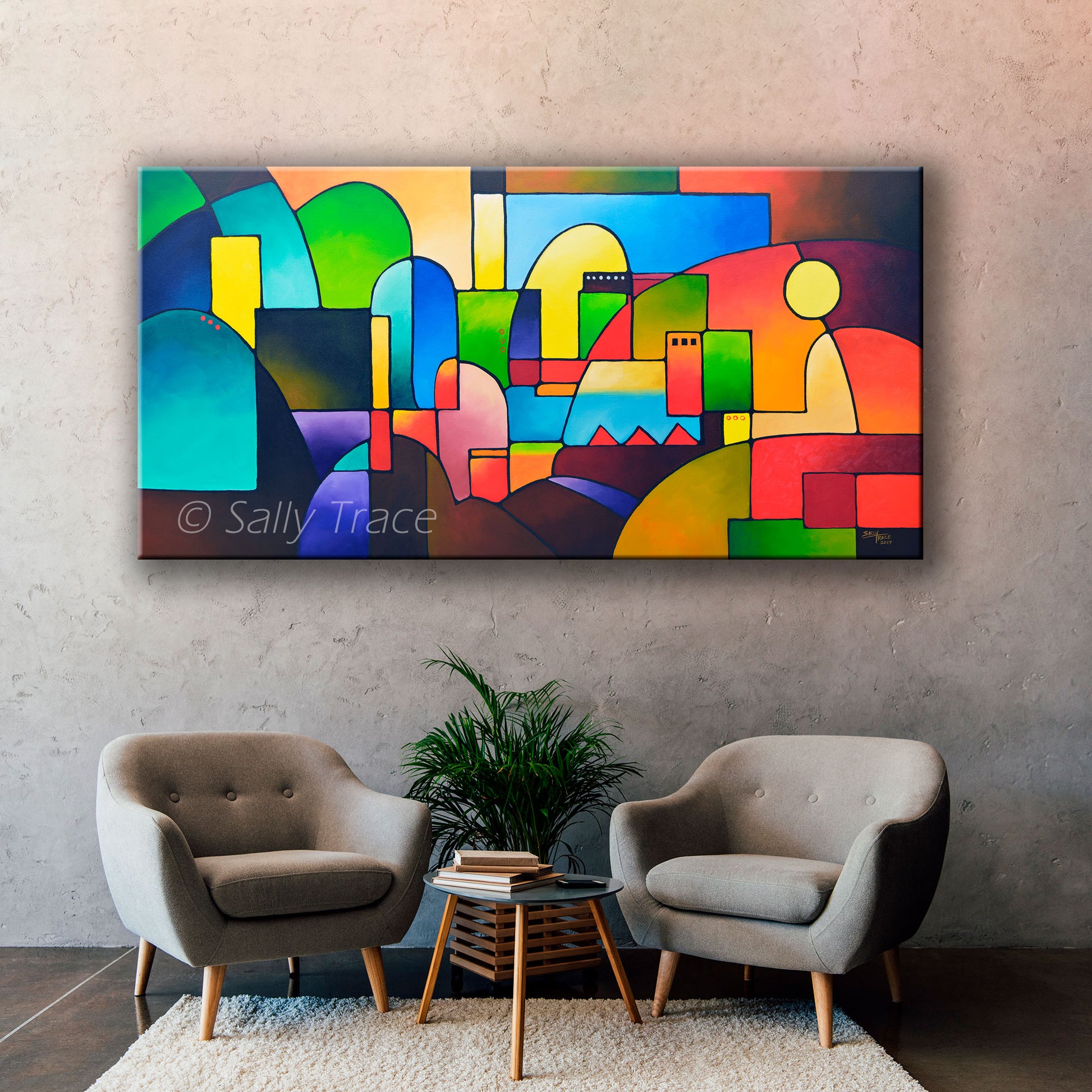 Geometric abstraction, original abstract painting commission by Sally Trace "Urbanity 2", room view