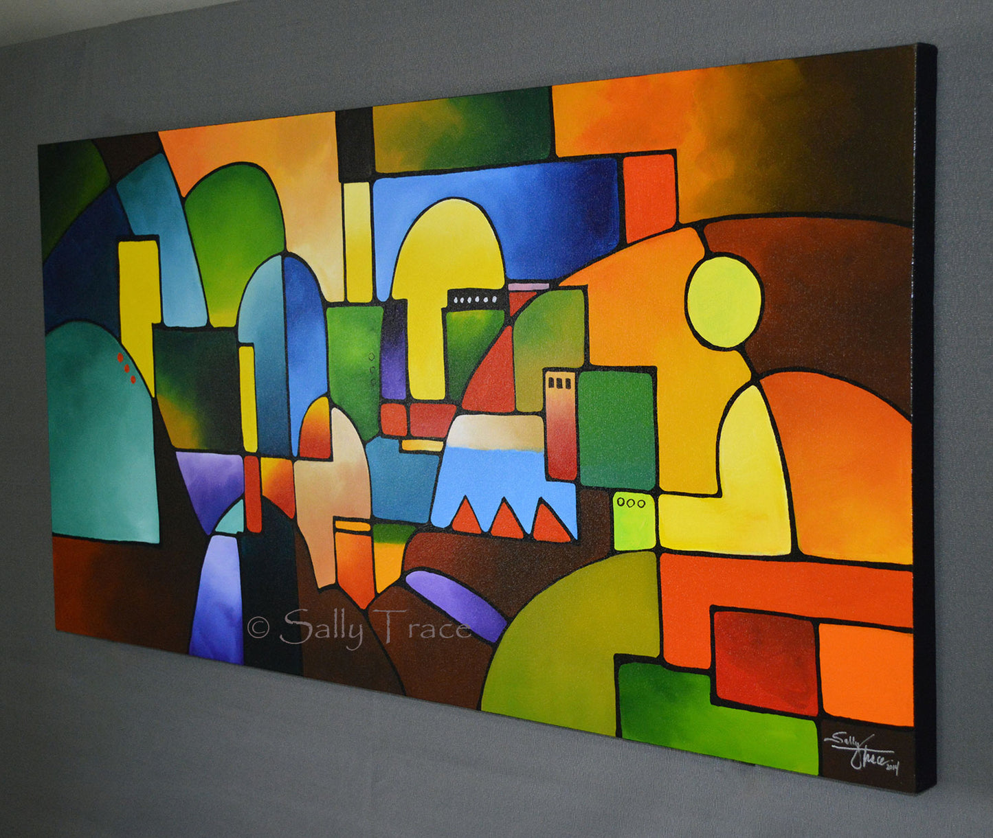 Geometric abstraction, original abstract painting commission by Sally Trace "Urbanity 2", right view