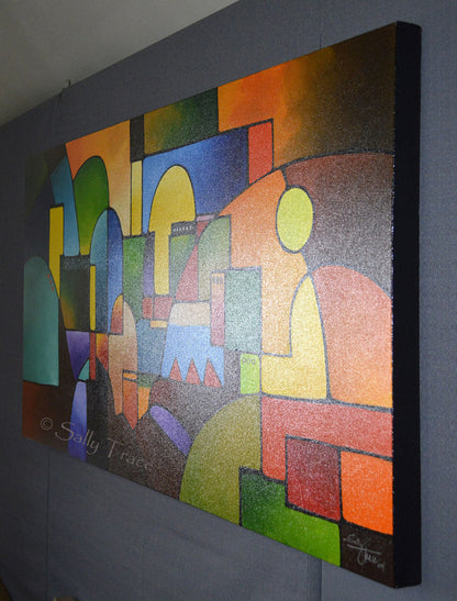 Geometric abstraction, original abstract painting commission by Sally Trace "Urbanity 2", left view, large wall art for dining room