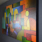 Geometric abstraction, original abstract painting commission by Sally Trace "Urbanity 2", left view, large wall art for dining room