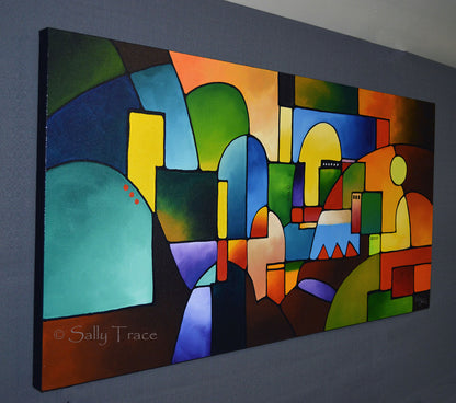 Geometric abstraction, original abstract painting commission by Sally Trace "Urbanity 2", left view
