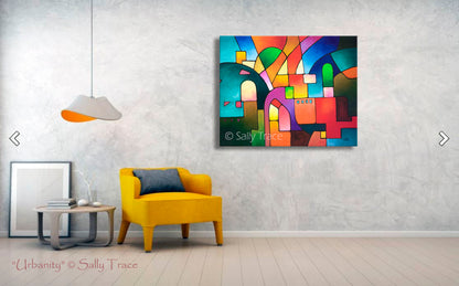 "Urbanity" geometric art giclee print on canvas by Sally Trace, room view