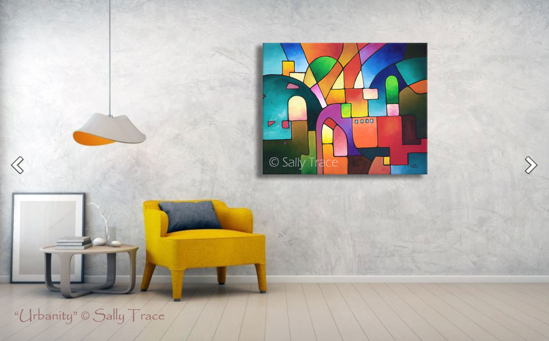 "Urbanity" geometric art giclee print on canvas by Sally Trace, room view