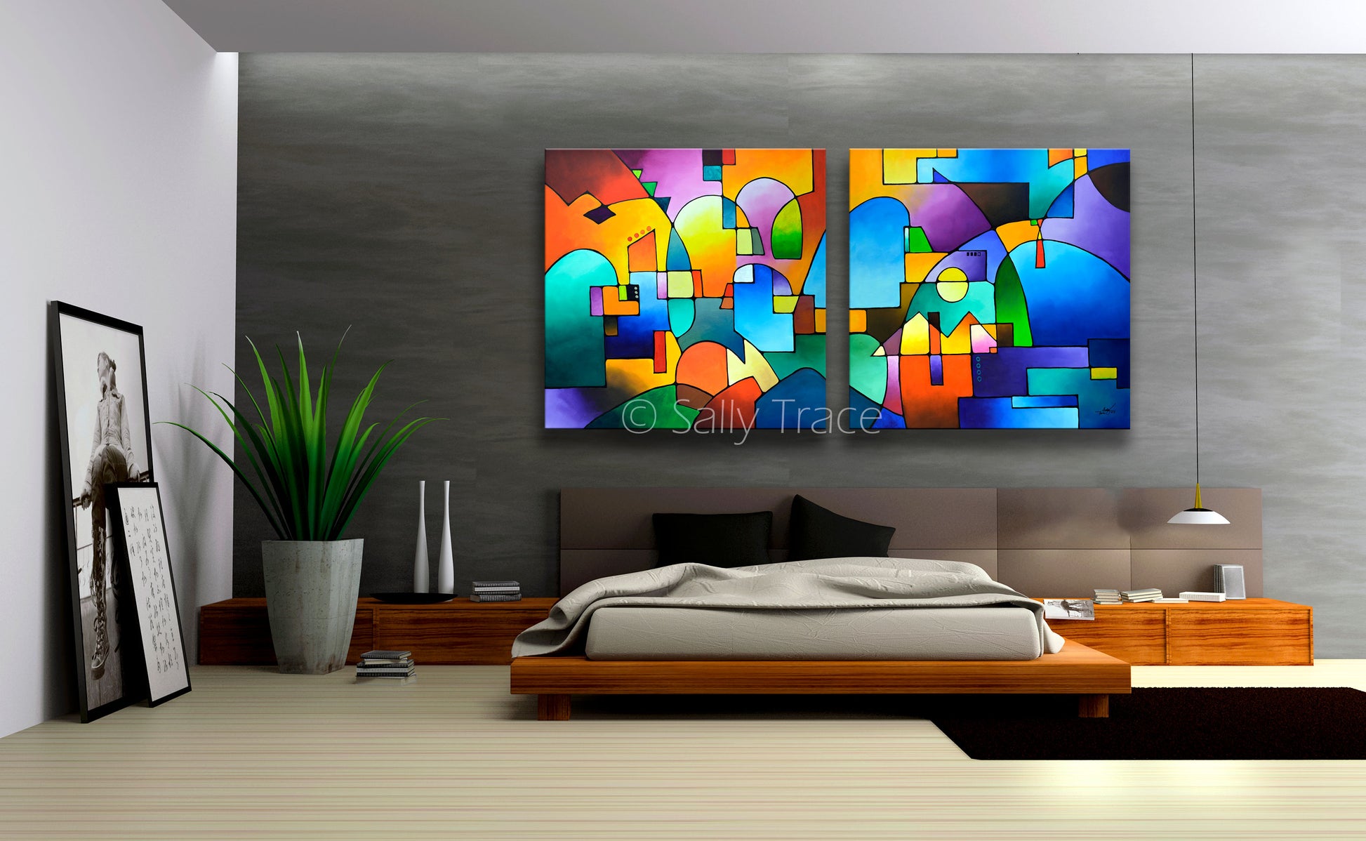 Giclee prints on stretched canvas made from my original abstract painting "Urbanity Vista". These stretched canvas giclee prints are made from my original abstract diptych painting, one of my Urbanity Series paintings and prints, room view.
