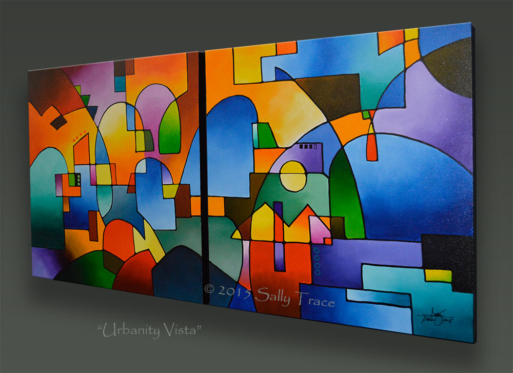 Abstract art for sale by Sally Trace, Urbanity Vista two canvas abstract geometric cityscape painting