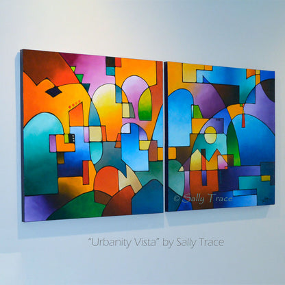 Abstract art for sale by Sally Trace, Urbanity Vista two canvas abstract geometric cityscape painting, wall art for the living room