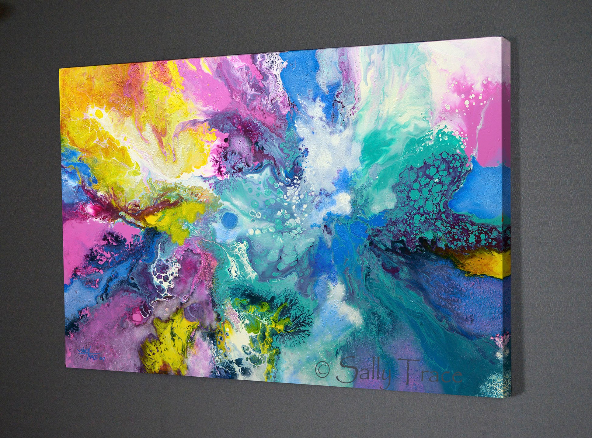 Modern contemporary fluid art prints from the painting When The Angel Came by Sally Trace, side view