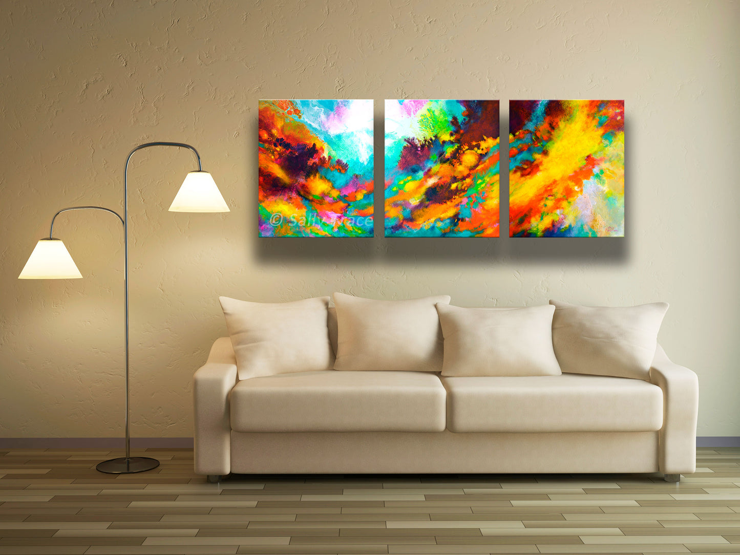 Modern contemporary art tryptych painting prints for sale by Sally Trace "Wonderment"