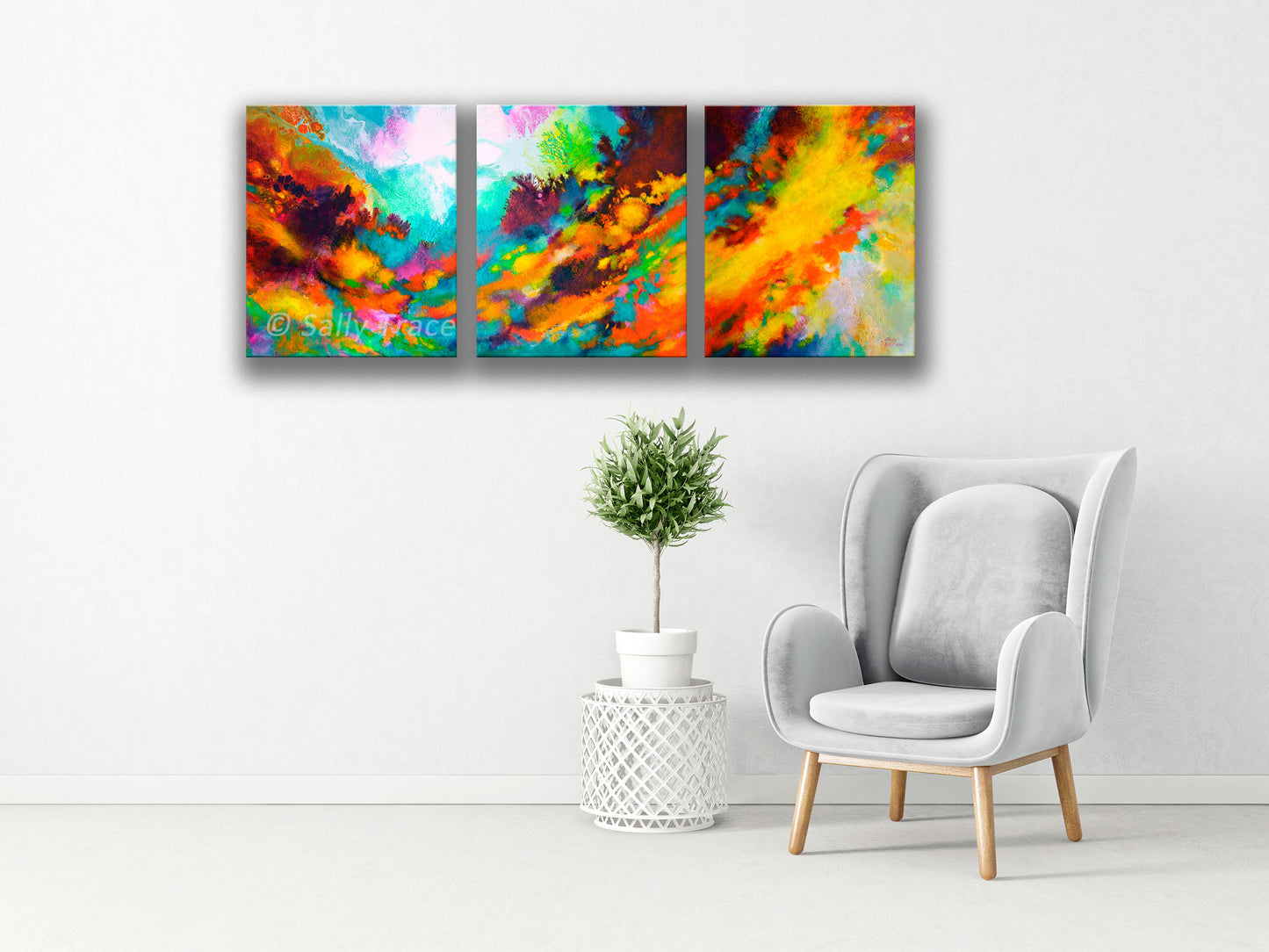 Original modern art for sale, triptych fluid painting by Sally Trace "Wonderment"Original modern triptych fluid art abstract acrylic textured paintings on stretched canvas for sale by Sally Trace "Wonderment". Fine art paintings for the home, modern home decor, Contemporary art for the living room, Viewed in a room.