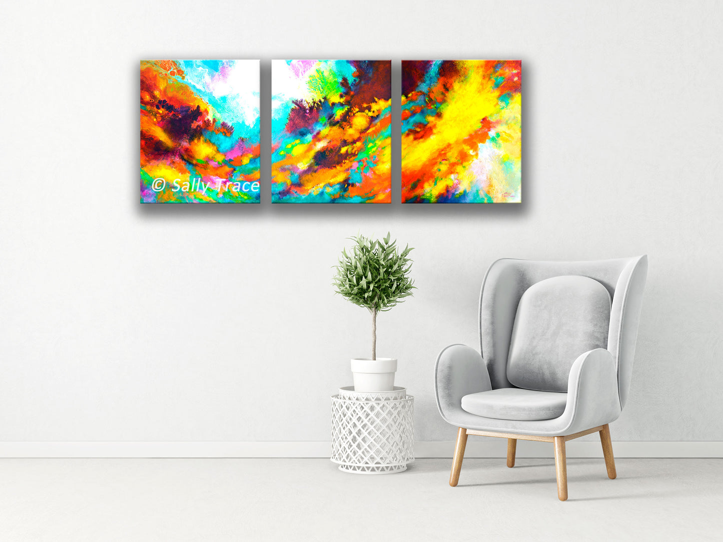 Modern contemporary art tryptych painting prints for sale by Sally Trace "Wonderment"