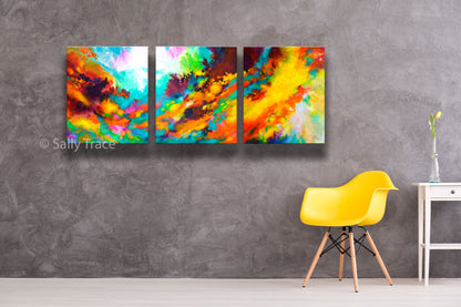 Original modern art for sale, triptych fluid painting by Sally Trace "Wonderment"Original modern triptych fluid art abstract acrylic textured paintings on stretched canvas for sale by Sally Trace "Wonderment". Fine art paintings for the home, modern home decor, Contemporary art for the living room, Viewed in a room.