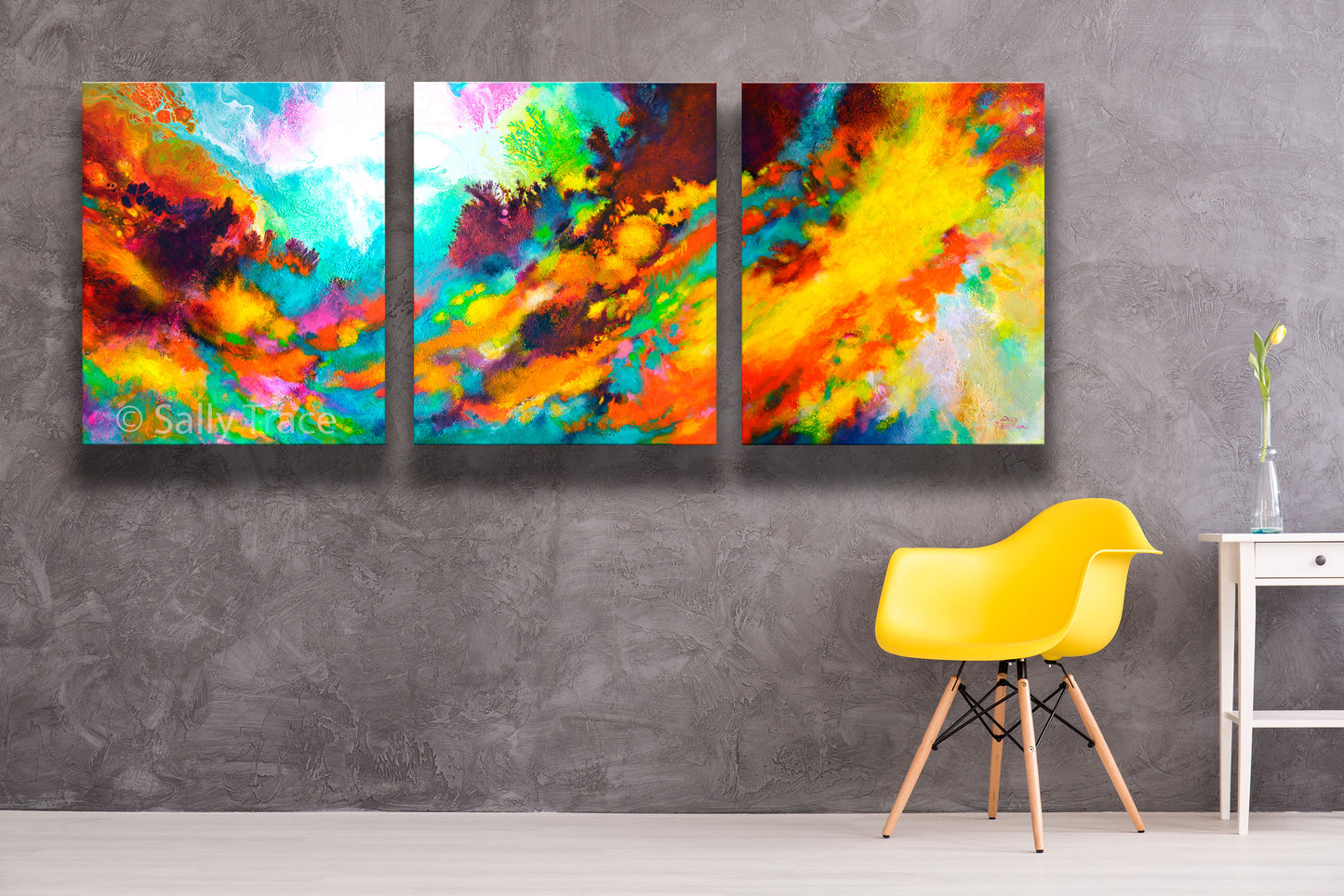 Modern contemporary art tryptych painting prints for sale by Sally Trace "Wonderment"