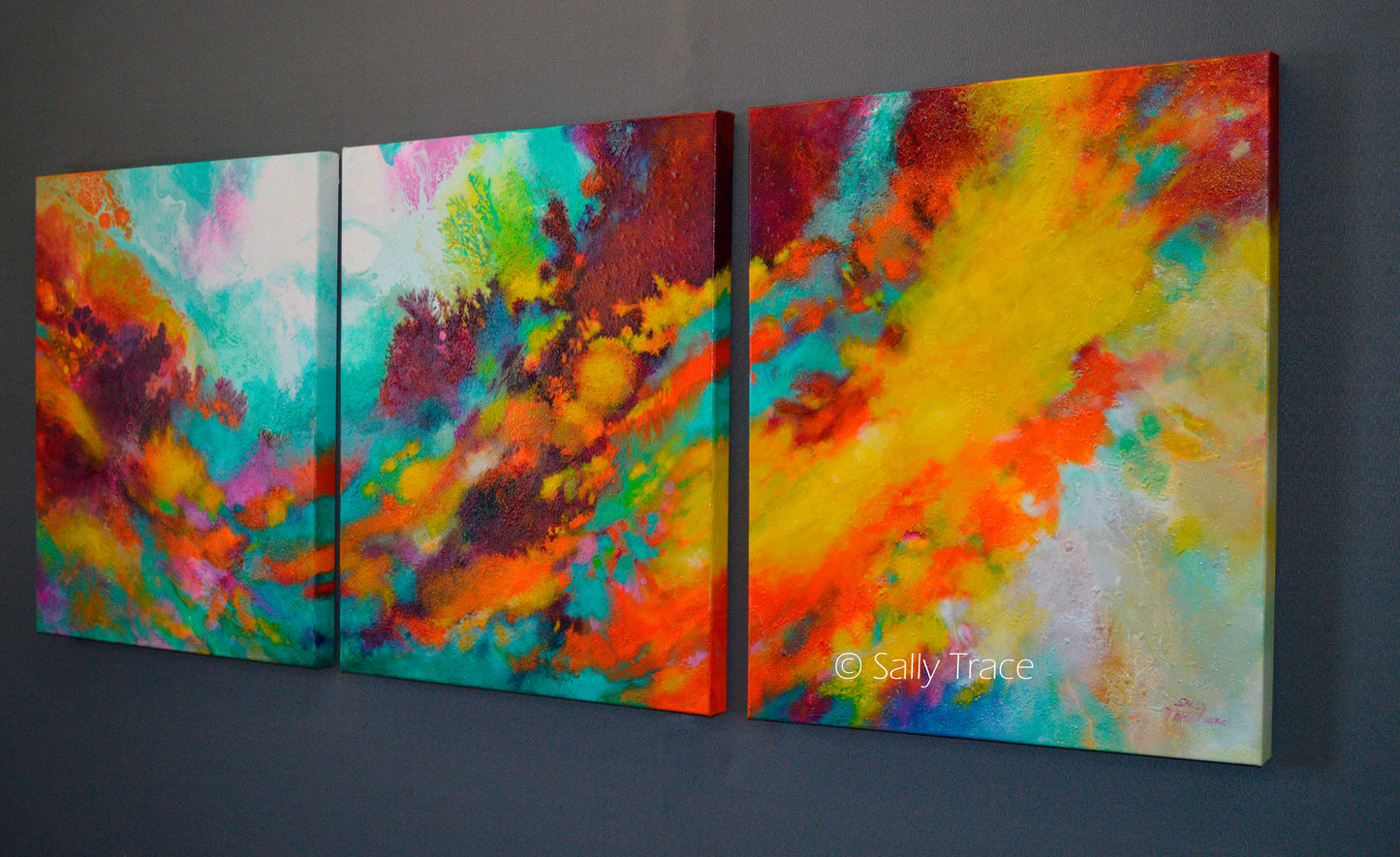 Original modern triptych fluid art abstract acrylic textured paintings on stretched canvas for sale by Sally Trace "Wonderment". Fine art paintings for the home, modern home decor, Contemporary art for the living room, right view.