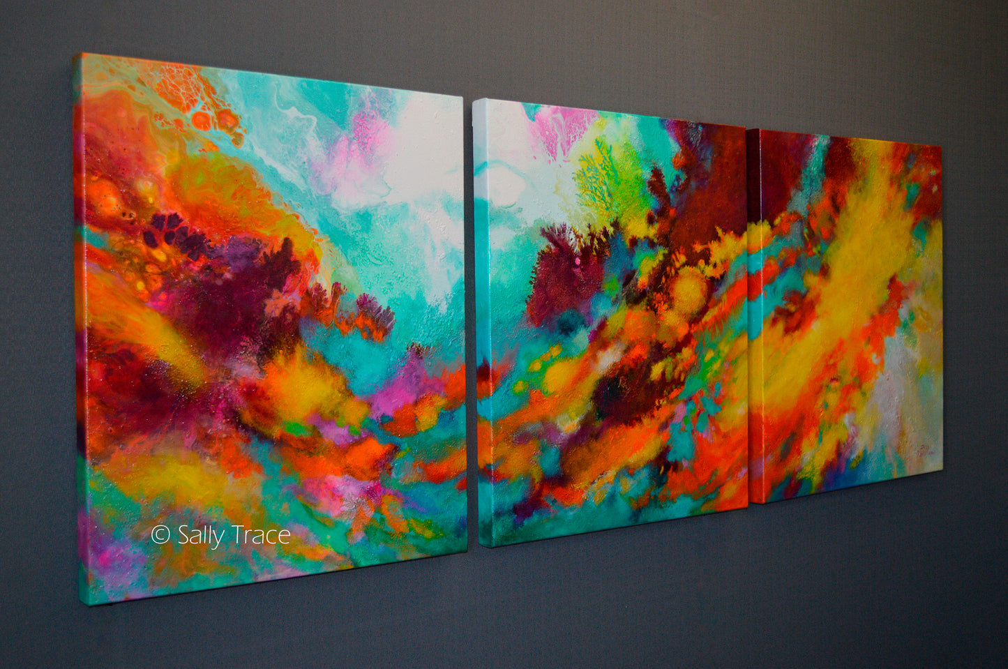 Original modern triptych fluid art abstract acrylic textured paintings on stretched canvas for sale by Sally Trace "Wonderment". Fine art paintings for the home, modern home decor, Contemporary art for the living room left side view.